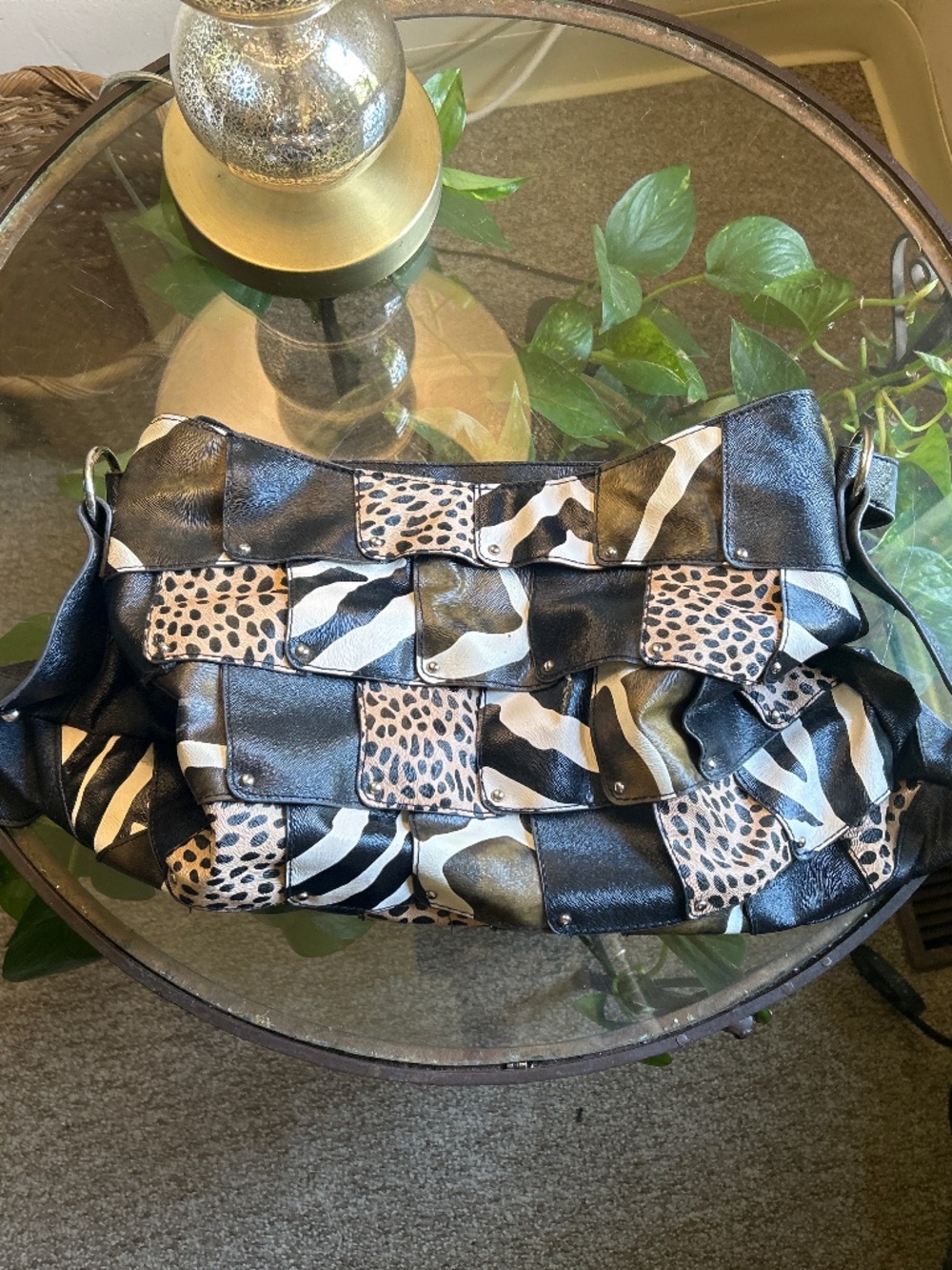 Animal Print Woven Shoulder Bag Black Beige Brown White Zip Inner Pockets Buckle